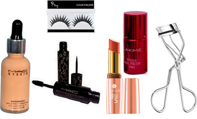 

9 to 5 eyelashes , mac studio waterweight foundation, 2 in 1 eyeliner & mascara , matte longlasting lipstick , mirror nail paint with eyelash curler(Set of 6)