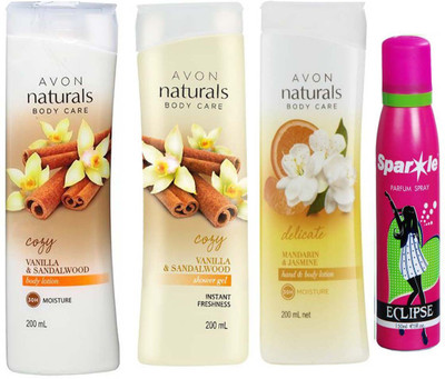 Avon Anew vanilla and sandalwood shower gel 200 ml & one vanilla and sandalwood hand and body lotion 200 ml & one Naturals mandarin & jasmine body lotion (200 ml) With one sparkle perfume spray 150 ml(Set of 4)