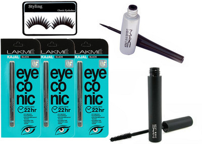 

Styling Eyelashes WIth Eyeconic Kajal Pack OF 3 & mac liquid Eyeliner With Zoom lash Mascara(Set of 6)