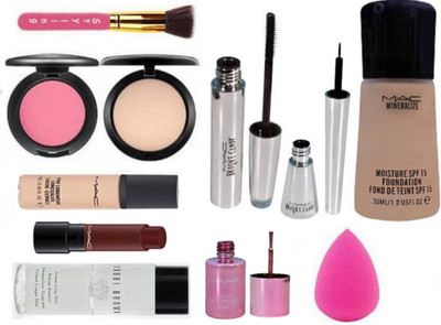

Styling makeup Brush & Mac mineralize Foundation 15 SPF And Compact With Pink Shade Blusher & Pro Longwear Concealer,liptensity Lipstick & Broke Candy Eyeliner With Mascara & Sponge Puff & Lakme Nail Polish & Bobbi Brown Instant Long-Wear Makeup(Set of 11