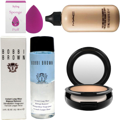 

Styling Spong Puff With Bobbi Brown Makeup Remover Instant Longwear & Mac Face & Body Foundation & Sudio Fix Compact(Set of 4)