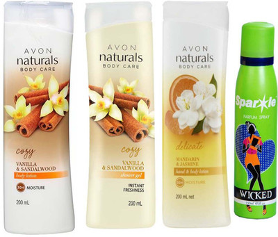 

Avon Anew vanilla and sandalwood shower gel 200 ml & one vanilla and sandalwood hand and body lotion 200 ml & one Naturals mandarin & jasmine body lotion (200 ml) With one sparkle perfume spray 150 ml(Set of 4)