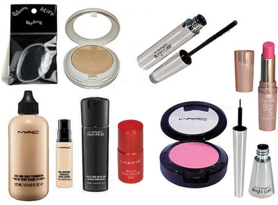 

Styling Silicon Puff&Brooke Candy Eyeliner&Mascara&Lakme 9To5 Pink Shade Lipstick,&Pro Longwear Concealer&Mac Face&Body Foundation&Blusher&Prep+Prime infusion serum&Mac Marine Compact&Lakme Nail Colour(Set of 10)