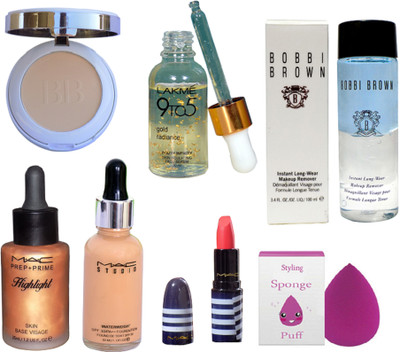 

Styling Sponge Puff With Lakme 9to5 gold radiance youth infinity skin scilpting Face Serum with Bobbi Brown Instant Long-Wear Makeup & Mac Prep+Prime Highliter And Studio Waterweigh Foundation With Matte finish lipstick & Colorbar Compact(Set of 7)