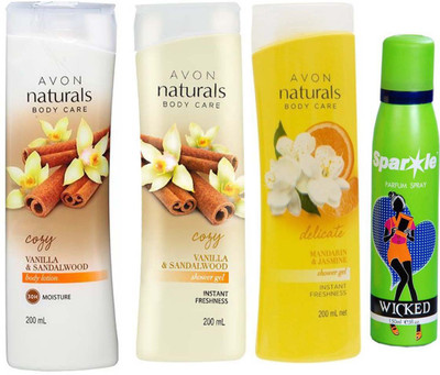 

Avon Anew vanilla and sandalwood shower gel 200 ml & one vanilla and sandalwood hand and body lotion 200 ml Naturals mandarin & jasmine shower gel (200 ml) With one perfume spray 150 ml(Set of 4)
