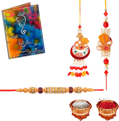 Dreamcart Designer Exclusive Woden Rakhi Set Of 1 Rakhi 1 Lumba Set For Brother With Greeting Card Roli Chawal Assorted Greeting Card  Set(1 rakhi 1 lumba set 1 Greeting Card 1 Roli Chawal)