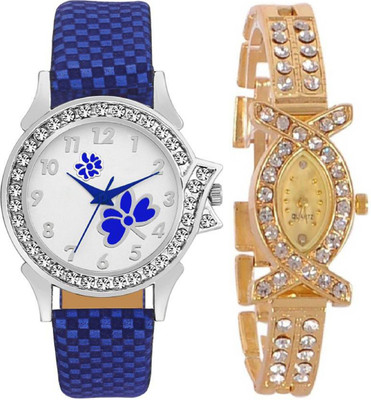 iDIVAS Latest attractive and trending Blue & Gold Velvet & Metal Leather Strap combo Watch - For Women
