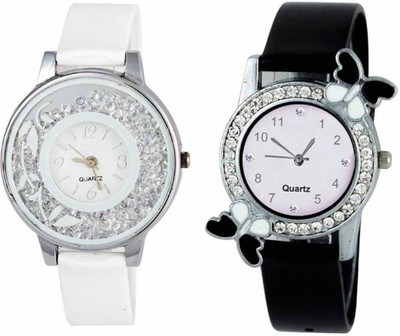 

Rage Enterprise New Fancy Designer White Movable Diamond Black Butterfly Dial set of 2 Boys & Girls Watch - For Men & Women