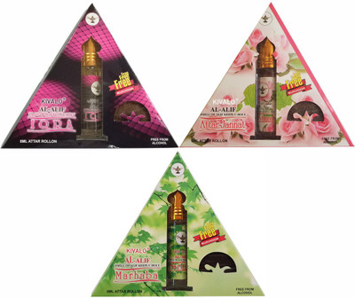 

Kivalo Ⓡ Pure Original Iqra, Attar Jannat & Marhab Roll On Attar Combo Pack of 3 x 8 ml with Free 3 x 10 g Bukhoor Coin Floral Attar(Musk)