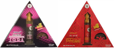 

Kivalo Ⓡ Pure Original Iqra & Ruhul Abid Roll On Attar Combo Pack of 2 x 8 ml with Free 2 x 10 g Bukhoor Coin Floral Attar(Musk)