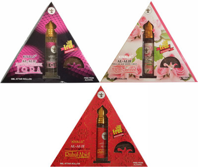 

Kivalo Ⓡ Pure Original Iqra, Attar Jannat & Ruhul Abid Roll On Attar Combo Pack of 3 x 8 ml with Free 3 x 10 g Bukhoor Coin Floral Attar(Musk)