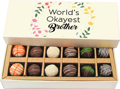 

Chocholik Rakhi Gift Box - Worlds Okayest Brother - Dark, Milk, White Chocolate Truffles - 12pc Truffles(180 g)
