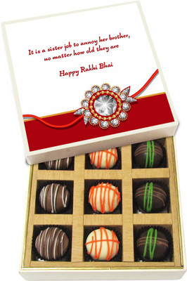 

Chocholik Rakshabandhan Gift Box - It Is a Sister Job to Annoy Her Brother - Dark, Milk, White Chocolate Truffles - 9pc Truffles(135 g)