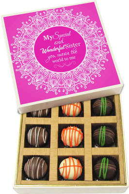 

Chocholik Rakhi Gift Box - My Special and Wonderful Sister - Dark, Milk, White Chocolate Truffles - 9pc Truffles(135 g)