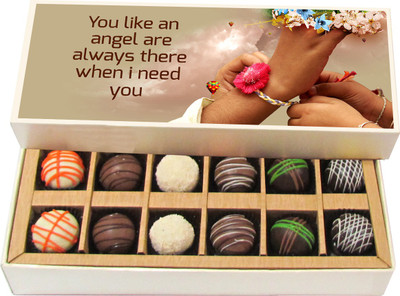 

Chocholik Rakhi Gift Box - You Like An Angel - Dark, Milk, White Chocolate Truffles - 12pc Truffles(180 g)