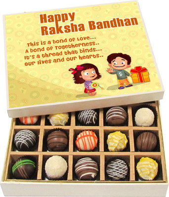 

Chocholik Rakhi Gift Box - This Is A Bond Of Love - Dark, Milk, White Chocolate Truffles - 20pc Truffles(300 g)