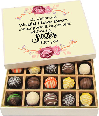

Chocholik Rakhi Gift Box - Incomplete and Imperfect Without a Sister - Dark, Milk, White Chocolate Truffles - 20pc Truffles(300 g)