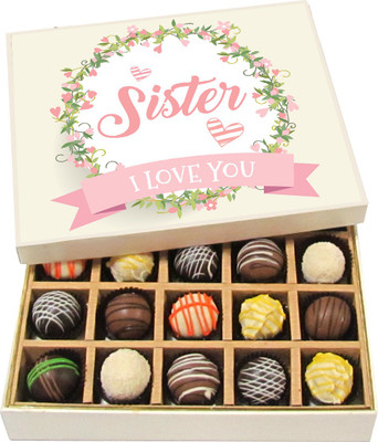 

Chocholik Rakhi Gift Box - Sister I Love You - Dark, Milk, White Chocolate Truffles - 20pc Truffles(300 g)