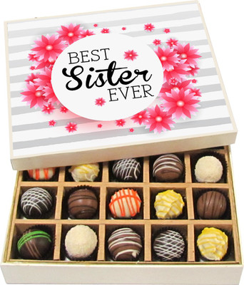 

Chocholik Rakhi Gift Box - Best Sis Ever - Dark, Milk, White Chocolate Truffles - 20pc Truffles(300 g)
