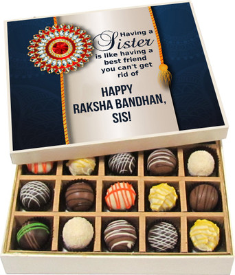 

Chocholik Rakhi Gift Box - Having A Sister Is Like Having A Best Friend - Dark, Milk, White Chocolate Truffles - 20pc Truffles(300 g)