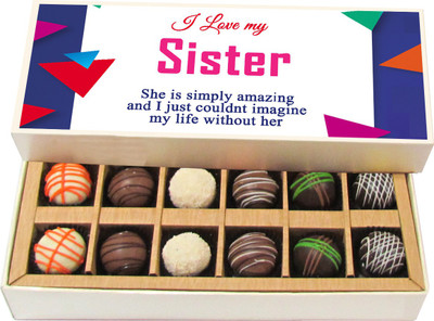 

Chocholik Rakshabandhan Gift Box - My Sister Is Simply Amazing - Dark, Milk, White Chocolate Truffles - 12pc Truffles(180 g)