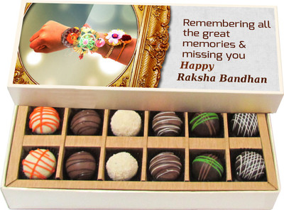

Chocholik Rakshabandhan Gift Box - Remembering All the Great Memories - Dark, Milk, White Chocolate Truffles - 12pc Truffles(180 g)
