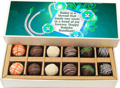 

Chocholik Rakhi Gift Box - Rakhi Is A Thread That Binds Two Souls In A Bond - Dark, Milk, White Chocolate Truffles - 12pc Truffles(180 g)
