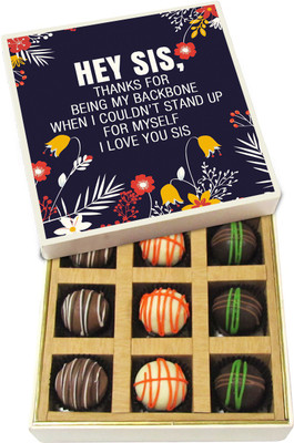 

Chocholik Rakshabandhan Gift Box - Hey Sis, Thanks for Being My Backbone - Dark, Milk, White Chocolate Truffles - 9pc Truffles(135 g)
