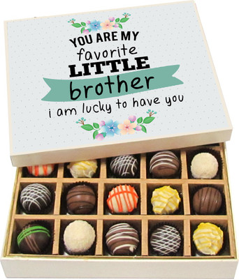 

Chocholik Rakhi Gift Box - You Are My Favorite Little Brother - Dark, Milk, White Chocolate Truffles - 20pc Truffles(300 g)