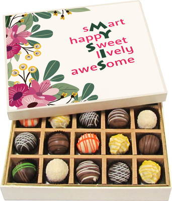 

Chocholik Rakshabandhan Gift Box - Smarty Happy Sweet Lovely Awesome - Dark, Milk, White Chocolate Truffles - 20pc Truffles(300 g)