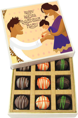 

Chocholik Rakhi Gift Box - Happy Raksha Bandhan Mamu - Dark, Milk, White Chocolate Truffles - 9pc Truffles(135 g)
