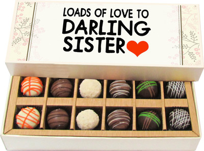 

Chocholik Rakshabandhan Gift Box - Loads of Love to Darling Sister - Dark, Milk, White Chocolate Truffles - 12pc Truffles(180 g)