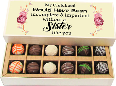 

Chocholik Rakhi Gift Box - Incomplete and Imperfect Without a Sister - Dark, Milk, White Chocolate Truffles - 12pc Truffles(180 g)