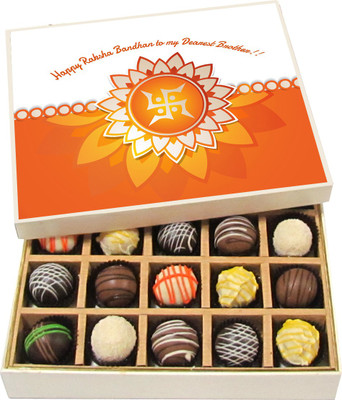 

Chocholik Rakhi Gift Box - Happy Raksha Bandhan To My Dearest Brother!! - Dark, Milk, White Chocolate Truffles - 20pc Truffles(300 g)