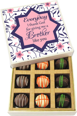 

Chocholik Rakhi Gift Box - Everyday I Thank God for Giving Me a Brother Like You - Dark, Milk, White Chocolate Truffles - 9pc Truffles(135 g)