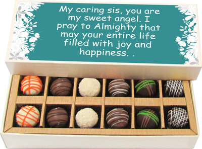 

Chocholik Rakshabandhan Gift Box - My Caring Sis, You Are My Sweet Angel - Dark, Milk, White Chocolate Truffles - 12pc Truffles(180 g)