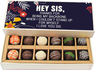 

Chocholik Rakshabandhan Gift Box - Hey Sis, Thanks for Being My Backbone - Dark, Milk, White Chocolate Truffles - 12pc Truffles(180 g)