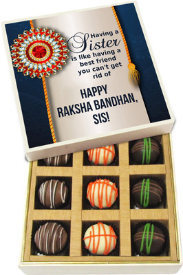 

Chocholik Rakhi Gift Box - Having A Sister Is Like Having A Best Friend - Dark, Milk, White Chocolate Truffles - 9pc Truffles(135 g)