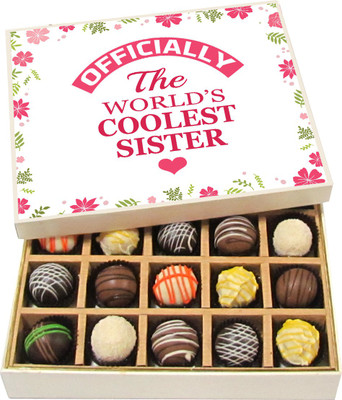 

Chocholik Rakshabandhan Gift Box - Officially the Worlds Coolest Sister - Dark, Milk, White Chocolate Truffles - 20pc Truffles(300 g)