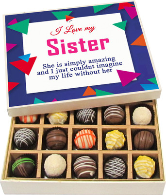 

Chocholik Rakshabandhan Gift Box - My Sister Is Simply Amazing - Dark, Milk, White Chocolate Truffles - 20pc Truffles(300 g)