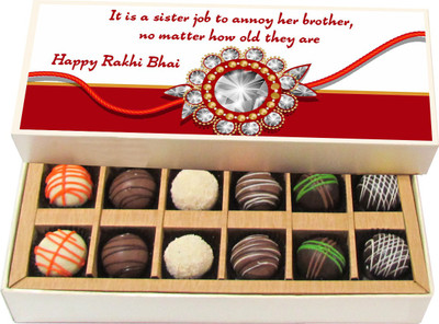 

Chocholik Rakshabandhan Gift Box - It Is a Sister Job to Annoy Her Brother - Dark, Milk, White Chocolate Truffles - 12pc Truffles(180 g)