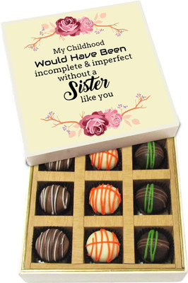 

Chocholik Rakhi Gift Box - Incomplete and Imperfect Without a Sister - Dark, Milk, White Chocolate Truffles - 9pc Truffles(135 g)