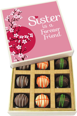 

Chocholik Rakhi Gift Box - Sister Is a Forever Friend - Dark, Milk, White Chocolate Truffles - 9pc Truffles(135 g)