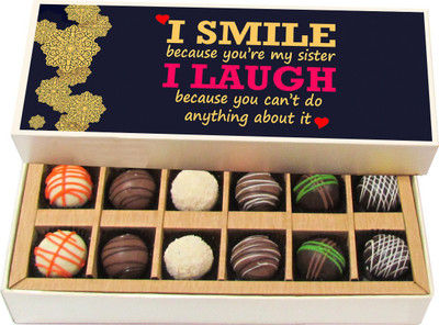 

Chocholik Rakshabandhan Gift Box - I Smile Because You're My Sister - Dark, Milk, White Chocolate Truffles - 12pc Truffles(180 g)