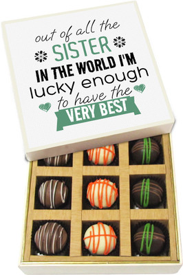 

Chocholik Rakhi Gift Box - Lucky Enough to Have the Best Sister - Dark, Milk, White Chocolate Truffles - 9pc Truffles(135 g)