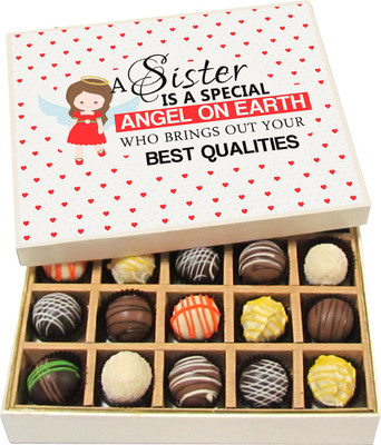 

Chocholik Rakshabandhan Gift Box - A Sister Is a Special Angel on Earth Who Brings - Dark, Milk, White Chocolate Truffles - 20pc Truffles(300 g)
