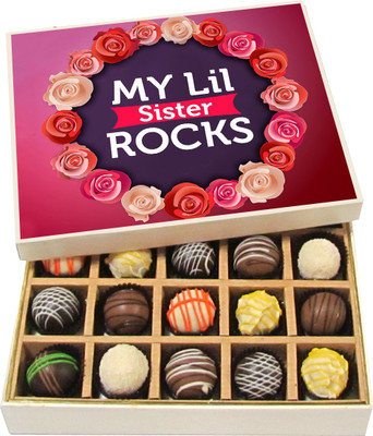 

Chocholik Rakshabandhan Gift Box - My Lil Sis Rocks - Dark, Milk, White Chocolate Truffles - 20pc Truffles(300 g)