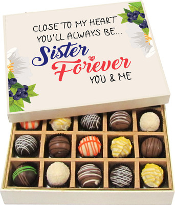 

Chocholik Rakhi Gift Box - Always Close to My Heart Sister Forever - Dark, Milk, White Chocolate Truffles - 20pc Truffles(300 g)