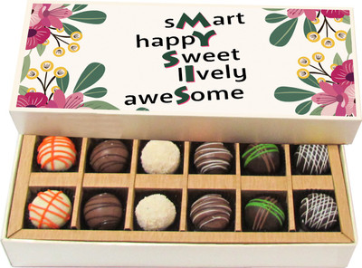 

Chocholik Rakshabandhan Gift Box - Smarty Happy Sweet Lovely Awesome - Dark, Milk, White Chocolate Truffles - 12pc Truffles(180 g)