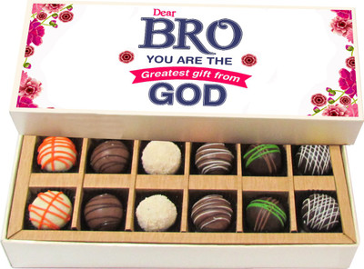 

Chocholik Rakshabandhan Gift Box - Dear Bro You Are the Greatest Gift From God - Dark, Milk, White Chocolate Truffles - 12pc Truffles(180 g)